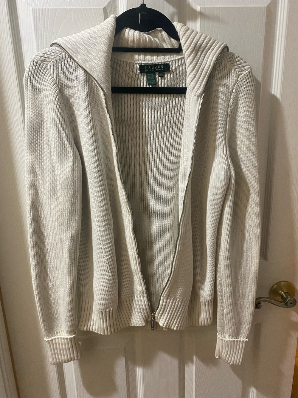 Lauren Ralph Lauren Ivory Ribbed Zip-Up Hooded Cardigan